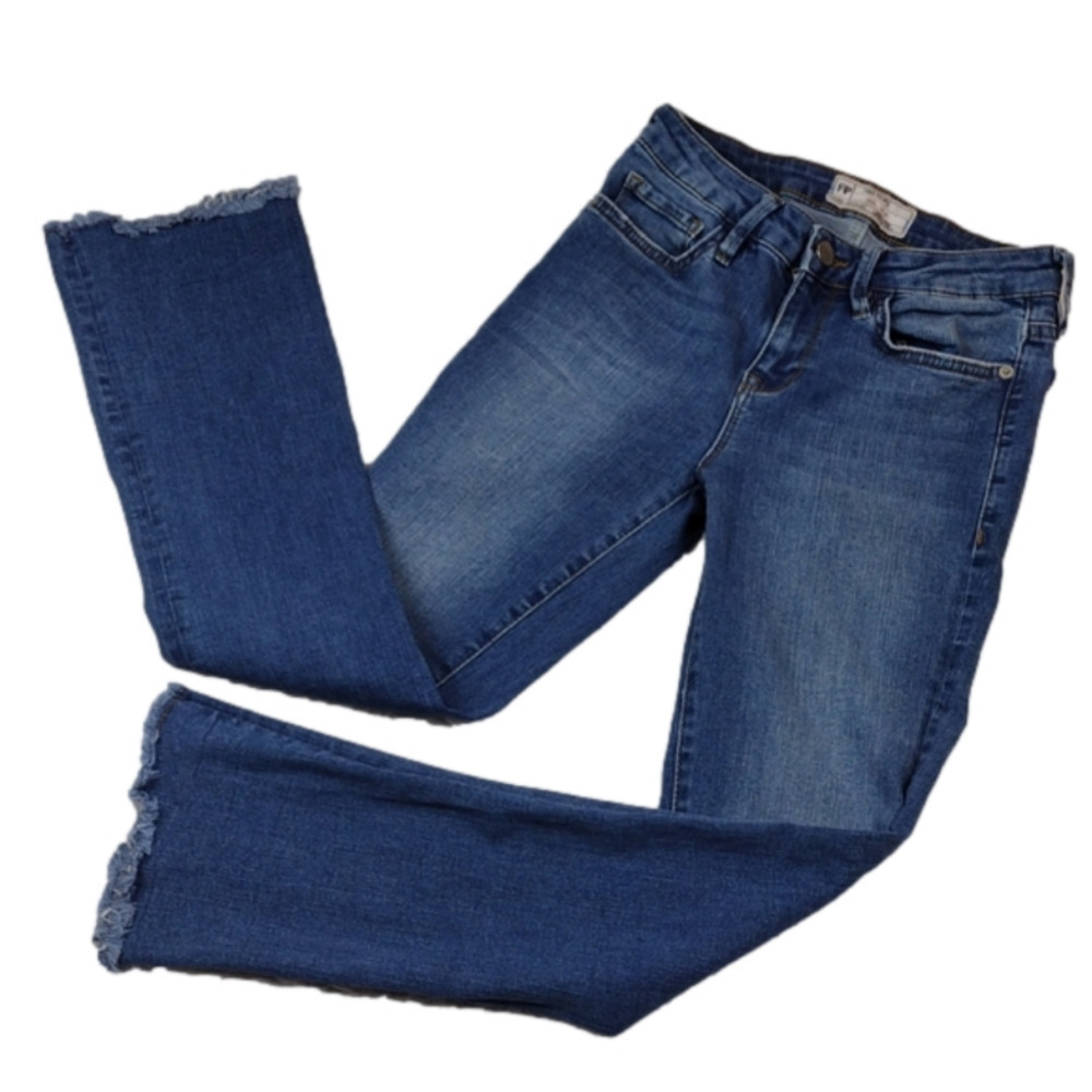 Free People Blue Medium Wash Five Pocket Mid Rise Raw Hem Cropped Boot Cut Jean